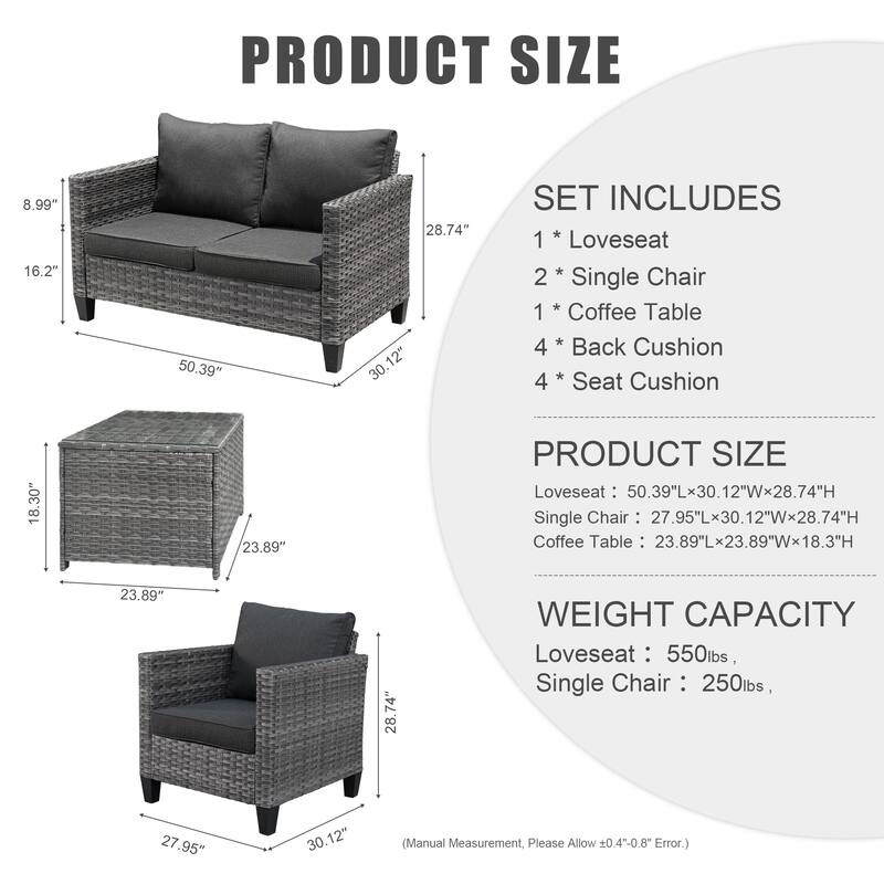 OVIOS 4-piece Loveseat Patio Furniture Outdoor Wicker Set With Glass-Top Table