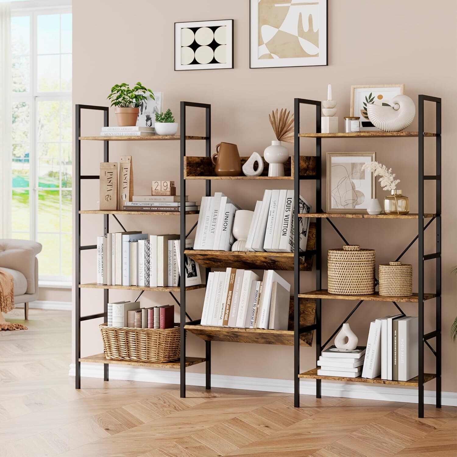 Industrial Triple Wide 4-Tier Bookcase with 11 Open Shelves, Metal