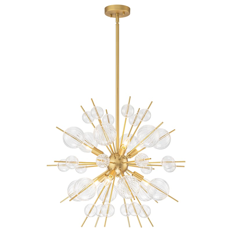 6-Light Mid-Century Modern Gold Linear Sputnik Textured Clear Glass Globe Bubble Chandelier for Dining Room