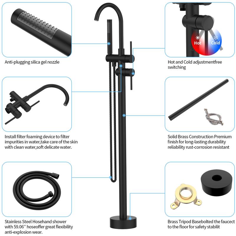 Floor Mount Bathtub Faucet Freestanding Tub Filler Standing High Flow Shower with Handheld Shower Mixer Taps Swivel Spout