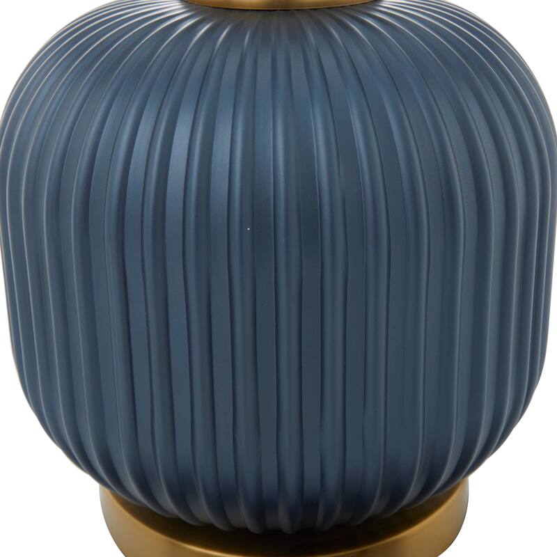 Blue Fabric Ribbed Table Lamp with Velvet Shade and Gold Accents