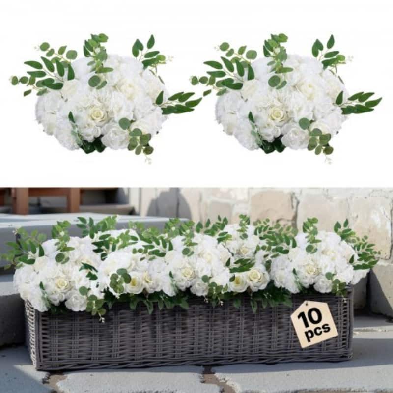 White Silk Rose Flower Balls Set of 10 with Base for Wedding Decor - 17.7 x 17.7 x 7.09 inch