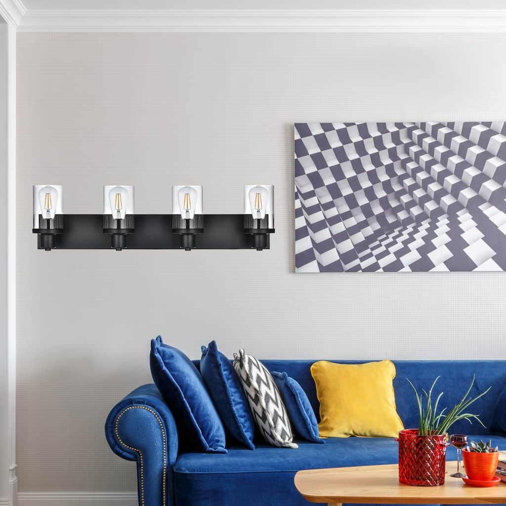 Rustic Wall Light Fixture in Matte Black Finish, 4 Light Bathroom Vanity Lighting with Clear Glass Shade