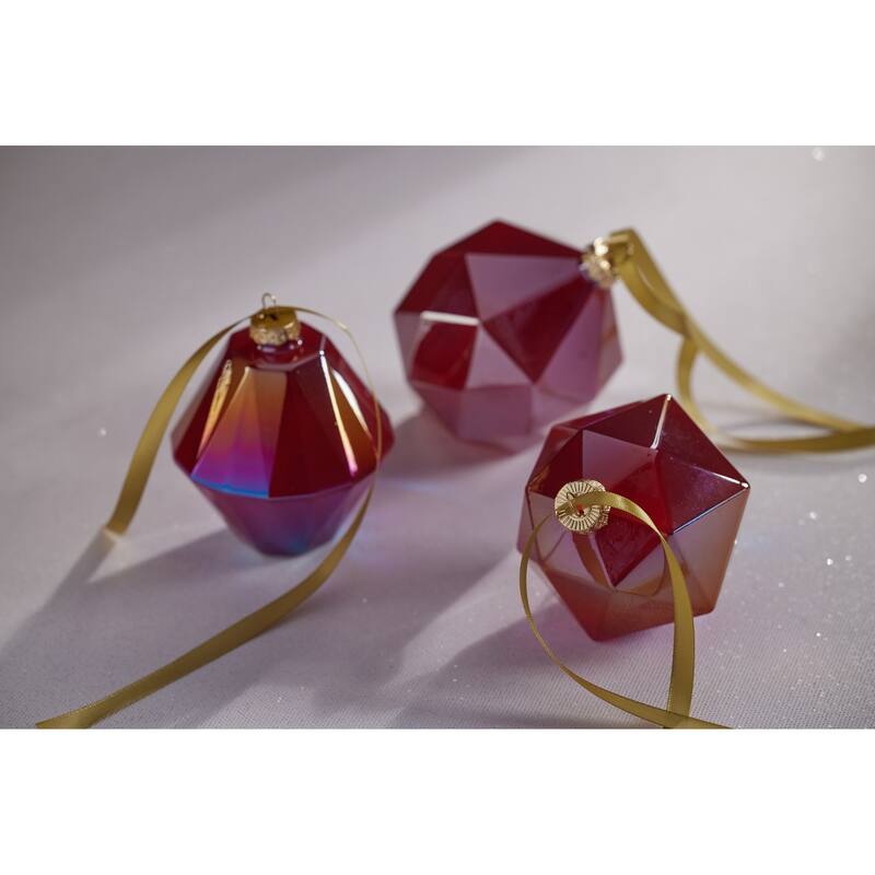 6-Piece Set Red Luster Faceted Glass Hanging Ornaments, Octagon
