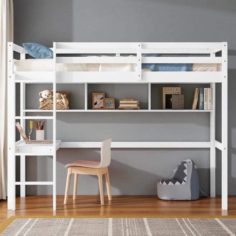 Twin Size Loft Bed with Desk and Shelves, Solid Pine Wood Frame with Guardrails and Built-in Ladder - White - Twin