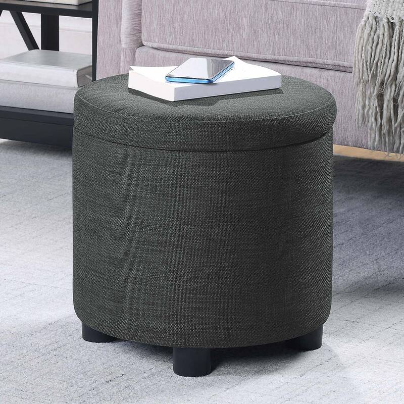Convenience Concepts Designs4Comfort Round Accent Storage Ottoman with Reversible Tray Lid - Dark Charcoal Grey Fabric