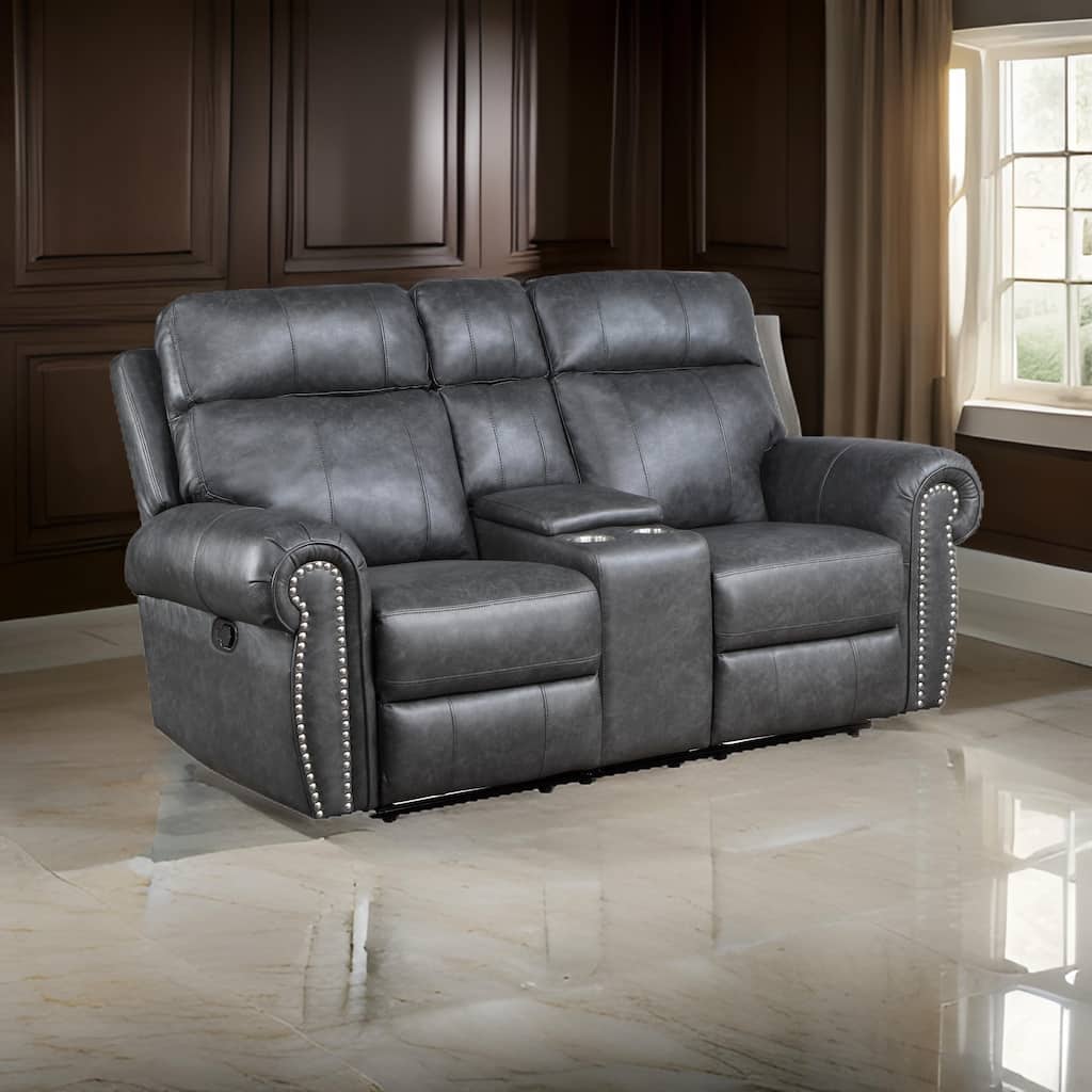 Ville 75 Inch Manual Recliner Loveseat, Storage Console, Gray Faux Leather