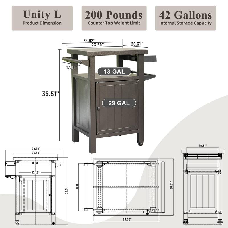 Grill Carts Outdoor with Storage and Wheels, Whole Metal Portable Table and Storage Cabinet for BBQ, Deck, Patio