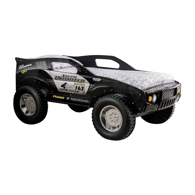 Jacky Kids Twin Bed with Off-Road Car Design, LED Headlights, Black Wood