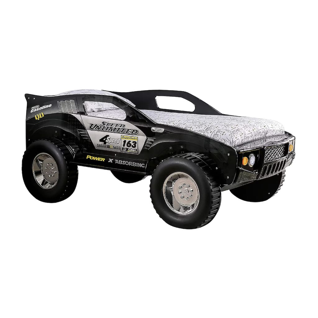 Jacky Kids Twin Bed with Off-Road Car Design, LED Headlights, Black Wood