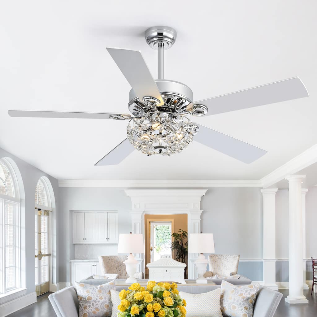 52" Chrome Crystal Ceiling Fan with Lights, Remote Control, Reversible DC Motor, 6-Speed Indoor Ceiling Fan with 5 Silver Blades