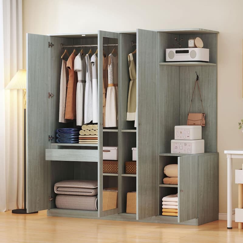 Modern Freestanding Wardrobe Closet With Storage Shelves and Full-Length Mirror
