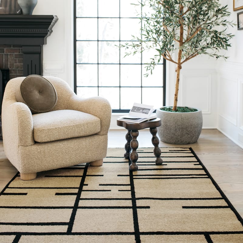 Quinn Geo Blocks and Line Beige/ Black Area Rug