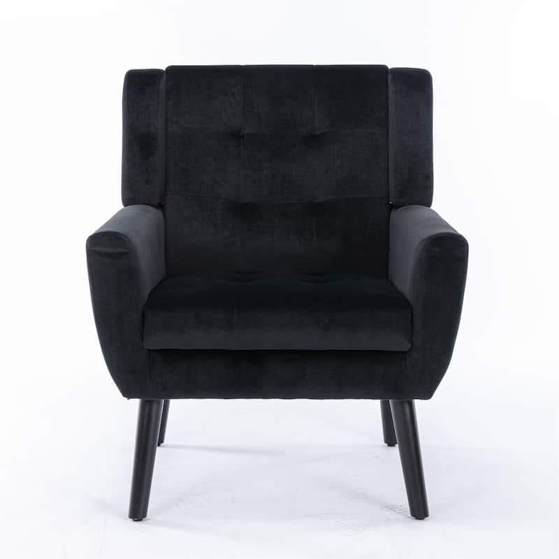 Black Velvet Modern 29.53" Upholstered Buttons Tufted Accent Chair with Black Solid Wood Legs