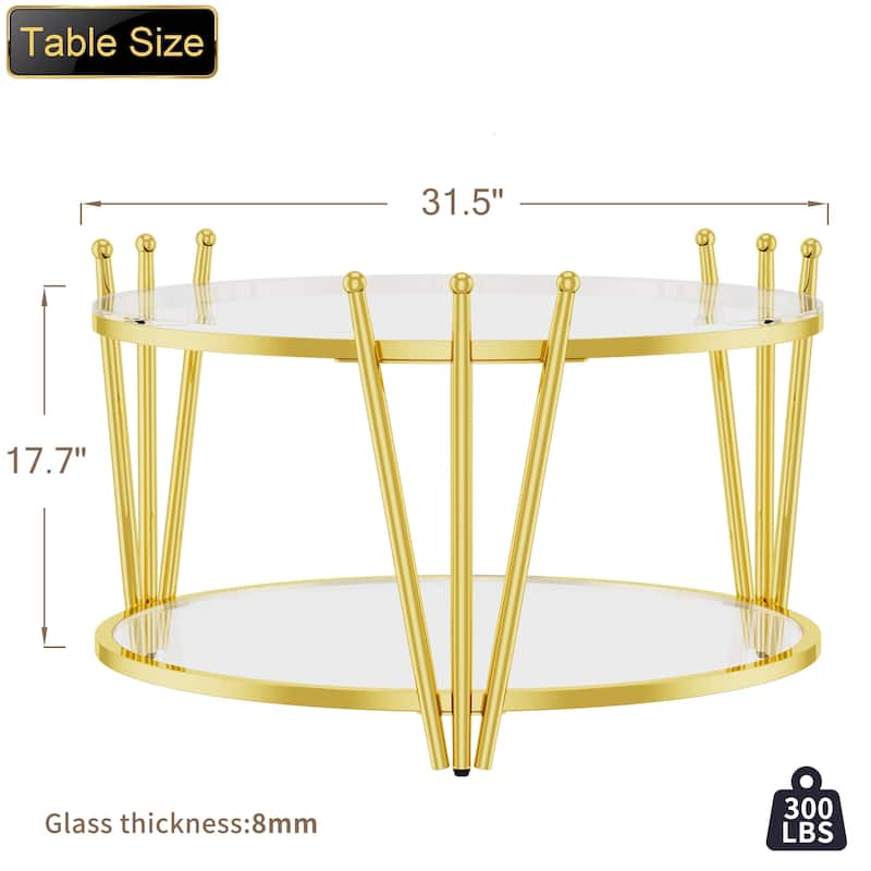 Modern Gold Round End Table with Tempered Glass Top & Crown Design for Living Room