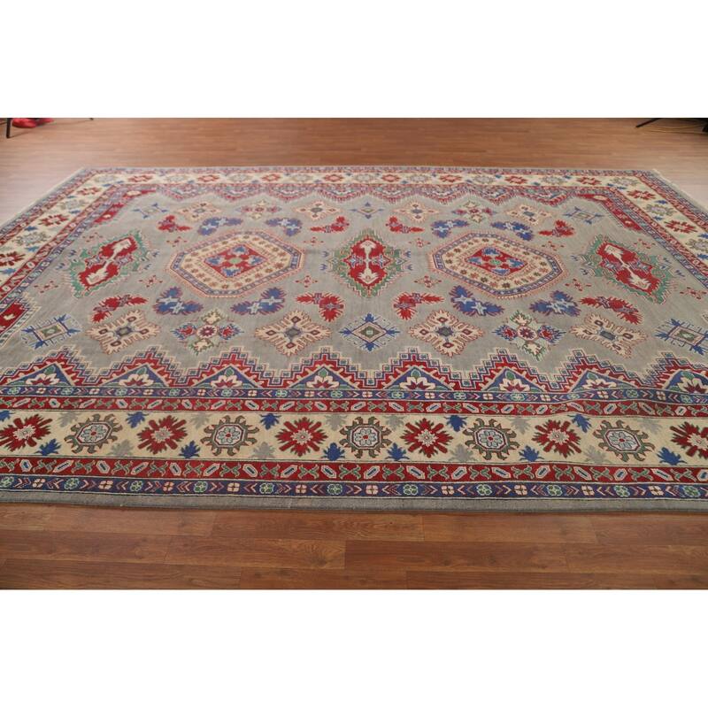 Large Geometric Kazak Oriental Area Rug Handmade Wool Carpet - 9'9" x 13'9"