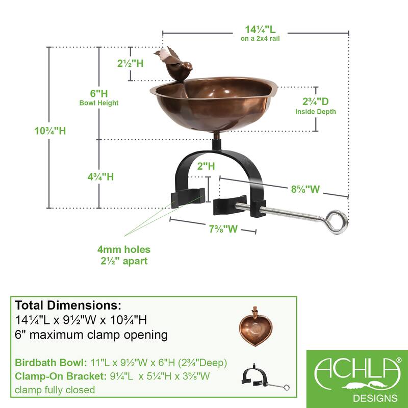 Achla Designs 14.25"L Antique Copper Stainless Steel Heart Shaped Birdbath w/ Wrought Iron Over Rail Bracket