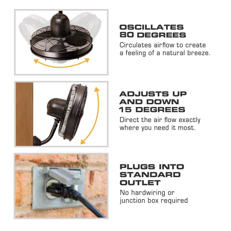 18" Mule Matte Black Outdoor Wet-Rated Oscillating Wall Fan with Remote, 3-Speed AC Motor - 18 Inches
