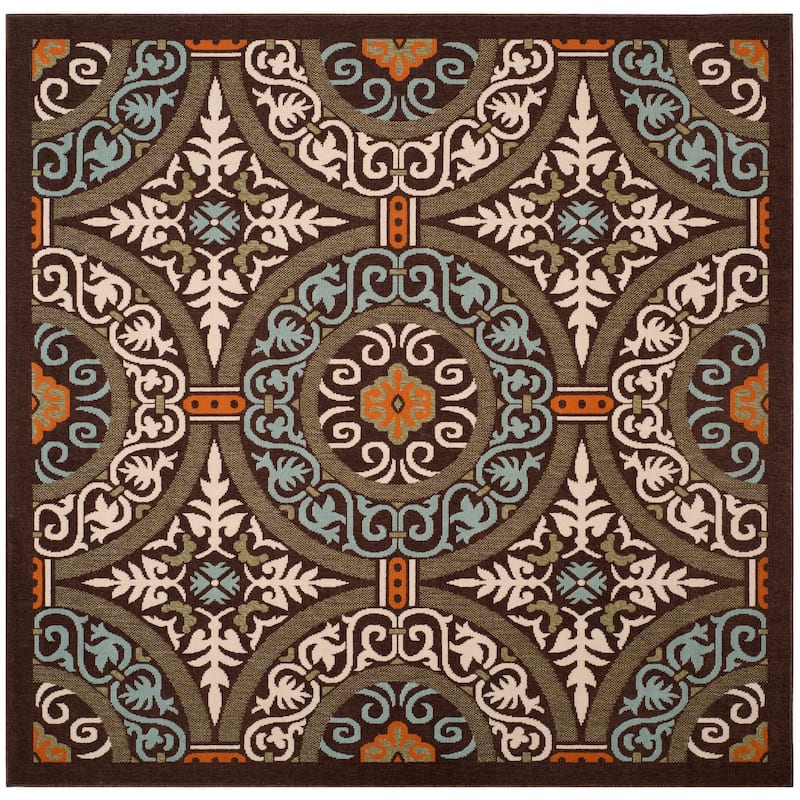 SAFAVIEH Veranda Rexhie Indoor/ Outdoor Waterproof Patio Backyard Rug - 6'7" x 6'7" Square - Chocolate/Aqua