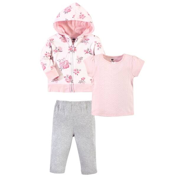 slide 1 of 1, Hudson Baby Toddler Girl Cotton Hoodie, Tee Top and Pant Set, Pink Floral Toddler 2T - Pink Floral Toddler