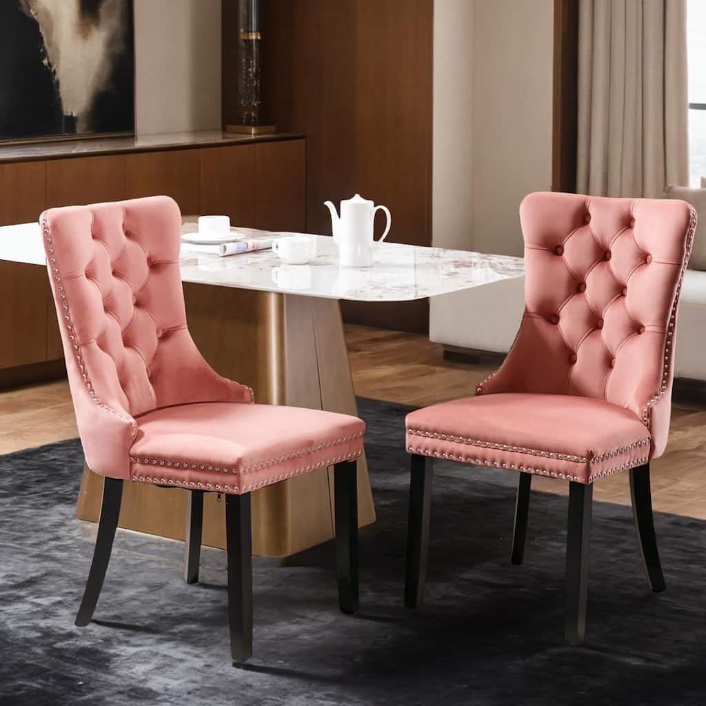 Modern, High-end Tufted Solid Wood Dining Chair with Wood Legs Nailhead Trim 2-Pcs Set