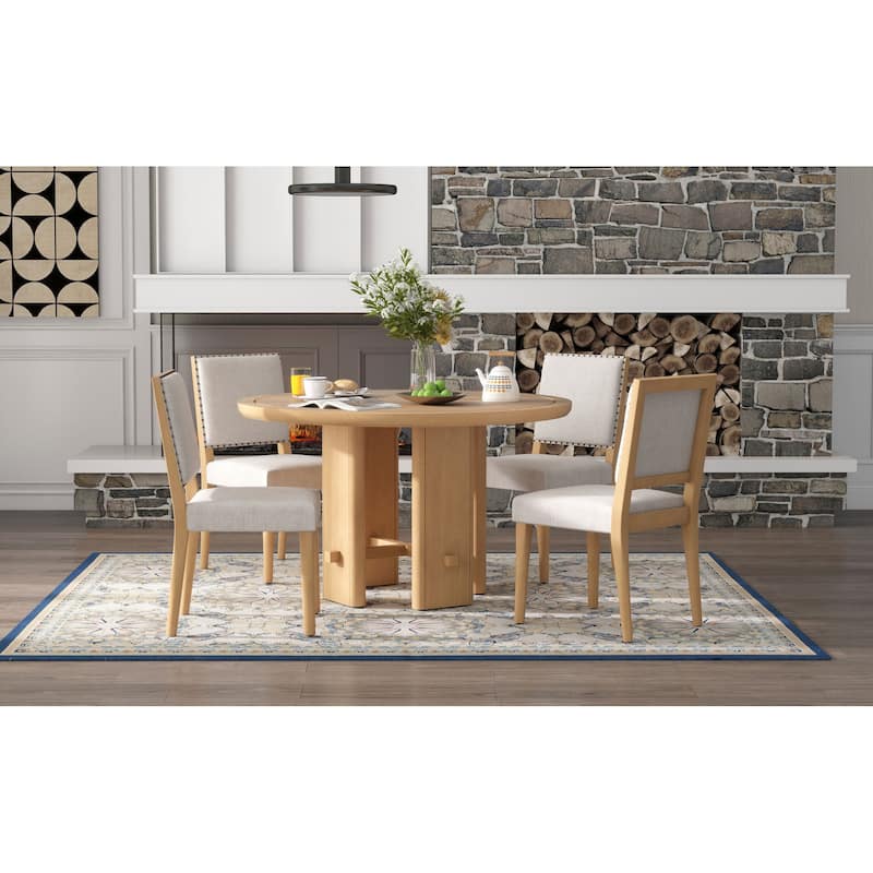 Roomfitters Farmhouse Round Dining Table Set, 4 Solid Wood Upholstered Chairs, 5-Piece Kitchen Furniture