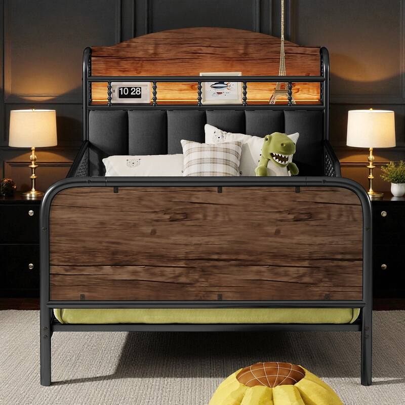 Twin/Full Size Metal Platform Bed with LED Lights and Upholstered Headboard, Kids Bed Frame with Storage Shelf