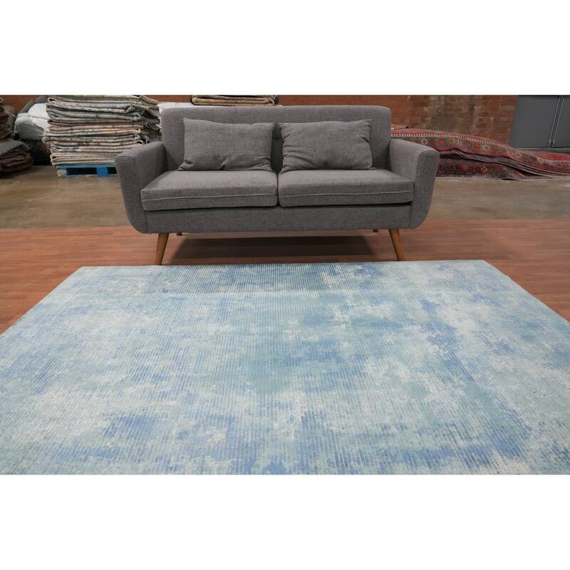 Hand Knotted Oriental Viscose Silk Carpet Modern All-Over Navy Blue & Blues Abstract Area Rug - 7' 5'' X 5' 4''