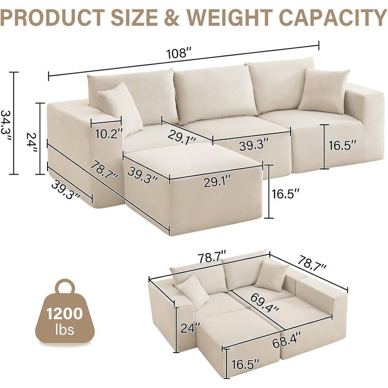 108'' Oversized Cloud Modular Sectional Sofa, Deep Seat Chenille Couch with Chaise