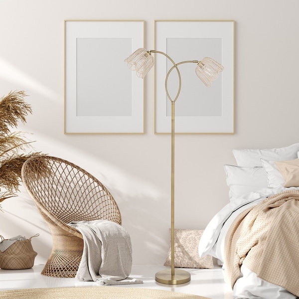 61 Meg Brushed Gold Metal Candlestick Floor Lamp with Rattan Shades River of Goods