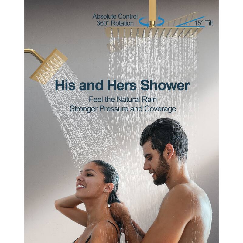 Dual Heads 16" Rainfall & High Pressure 6" Shower System w/ 3 Way Thermostatic Faucet 