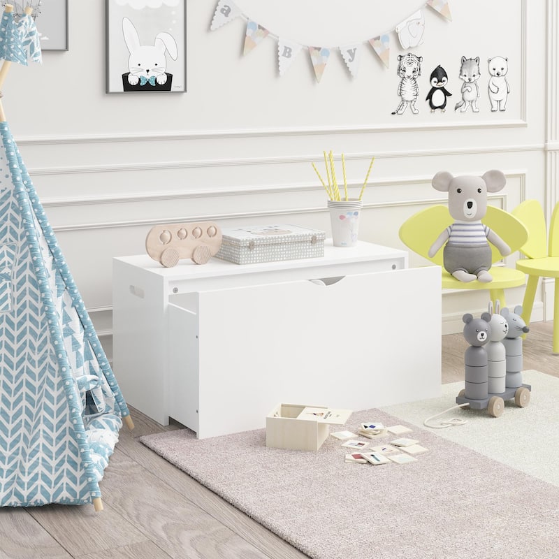 Anmytek White Large Storage Chest with Geometric Panels Toy Box Large Pull-Out Bin for Nursery - White