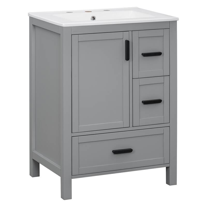 Modern 24" Bathroom Vanity with Ceramic Sink - Soft-Close Door with Double Shelf, 3 Drawers,for Small Spaces
