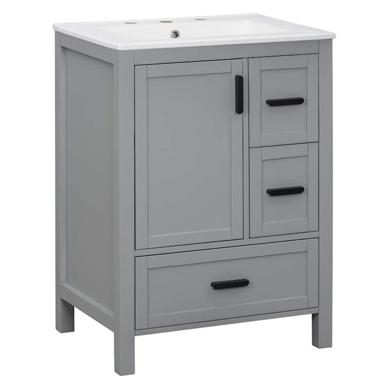 Modern 24-inch Bathroom Vanity with Ceramic Sink, Soft-Close Door, Double-Layer Door Shelf, and 3 Drawers
