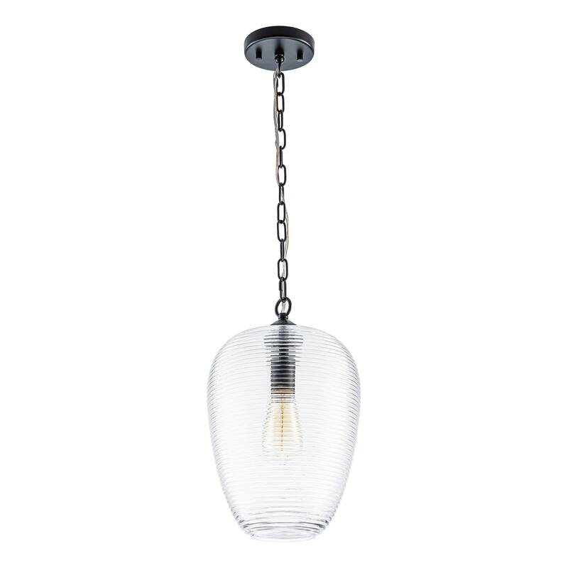 1-Light Modern Brushed Gold/Black Ribbed Clear Glass Dome Pendant Light with Adjustable Hanging Chain