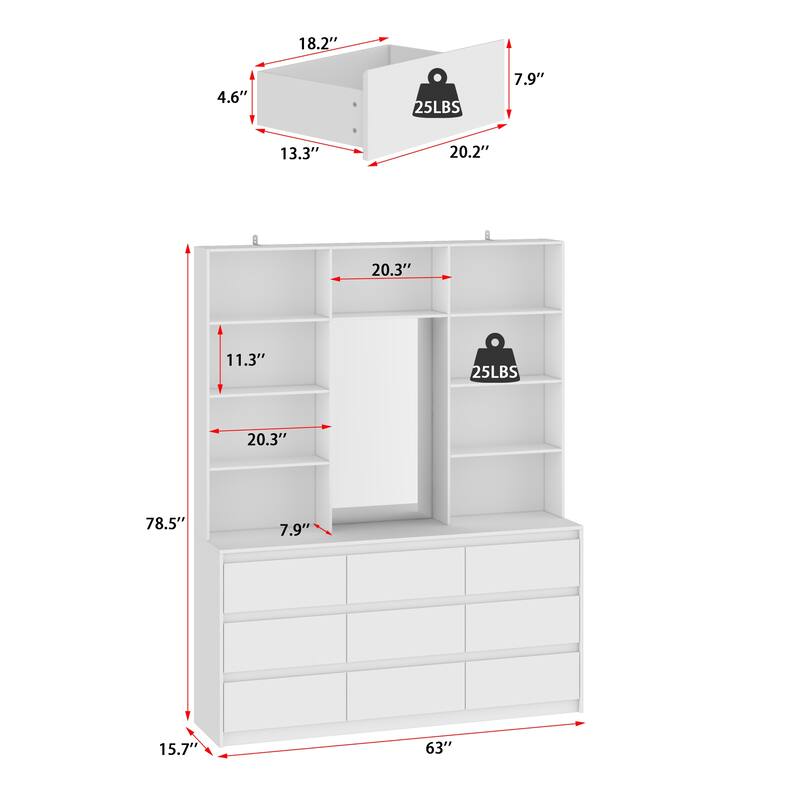 Chest White Storage Cabinet w/Mirror for Bedroom, Dresser Shelving Unit