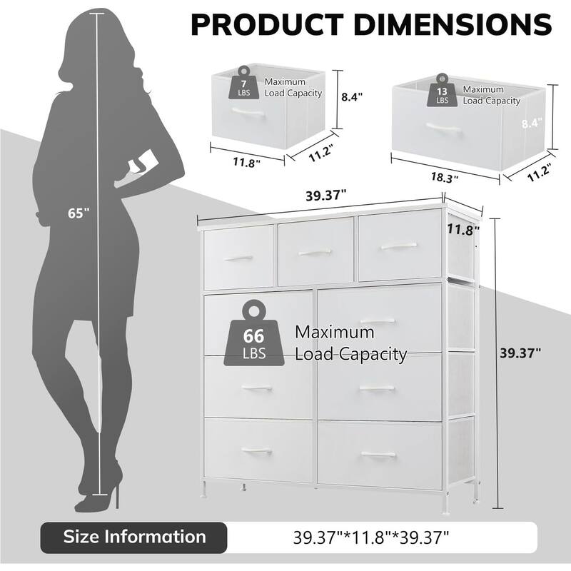 9 Drawers Dresser for Bedroom, Tall Fabric Closet Chests Organizer Tower Furniture with Wooden Top