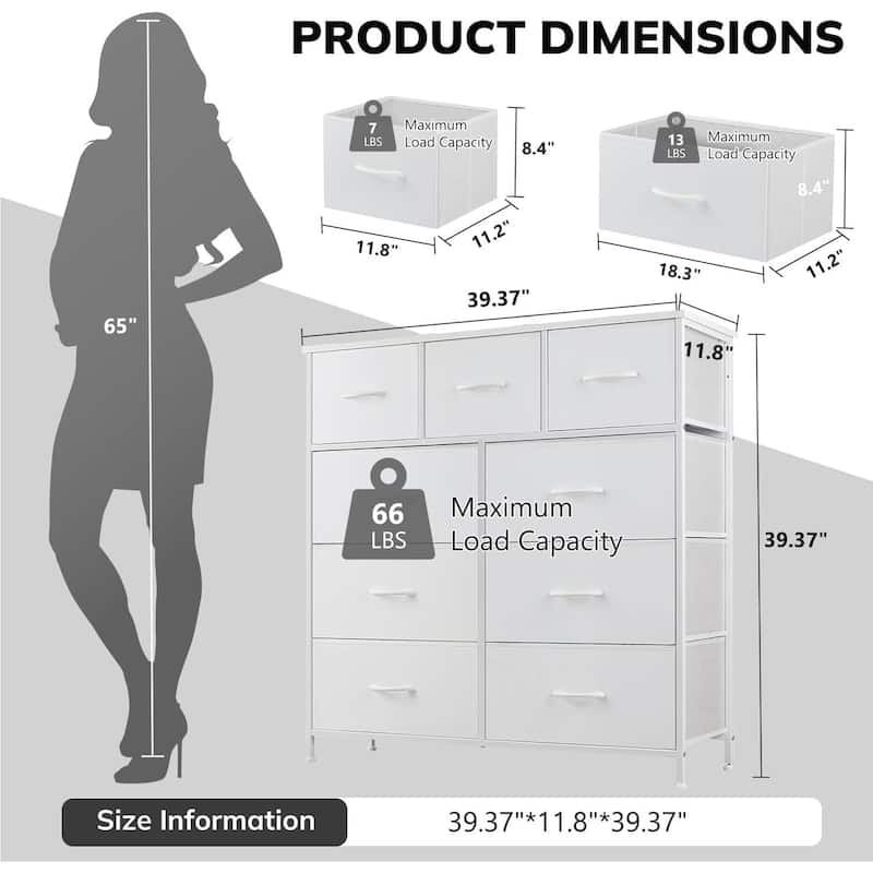 Dresser for Bedroom with 9 Drawers, Anti-Tip Tall Fabric Chests Storage Organizer Tower Furniture with Wooden Top Metal Frame