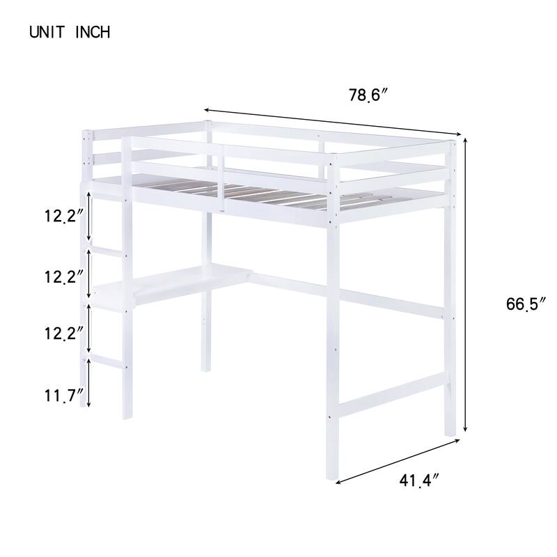 Twin High Loft Bed with Built-in Desk, Safety Guardrail, and Ladder, White