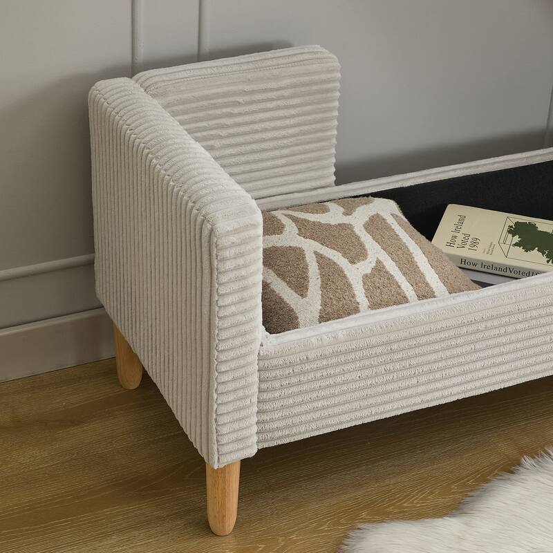 65.35" Corduroy Upholstered Storage Bench with Armrests & 2 Bolster Pillows