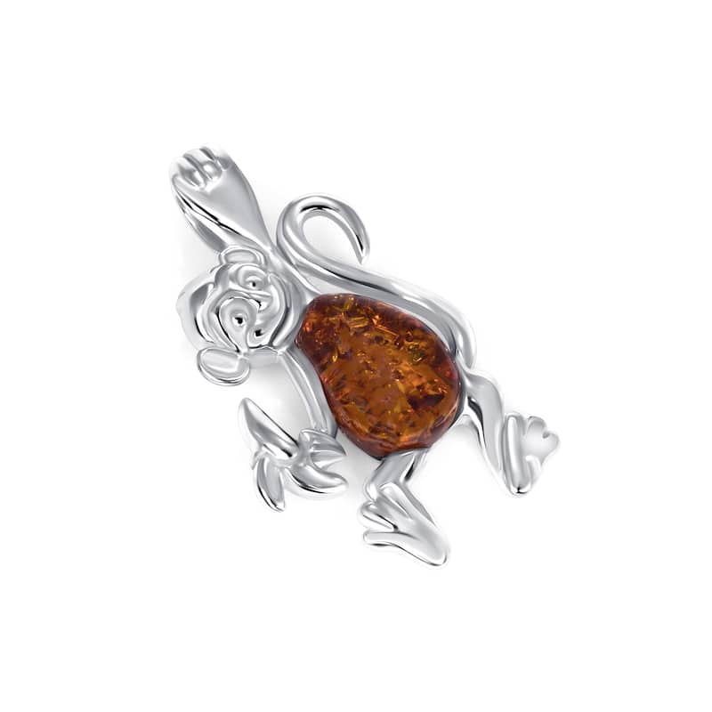 Baltic Amber Monkey Pendant Necklace 0. Sterling Silver