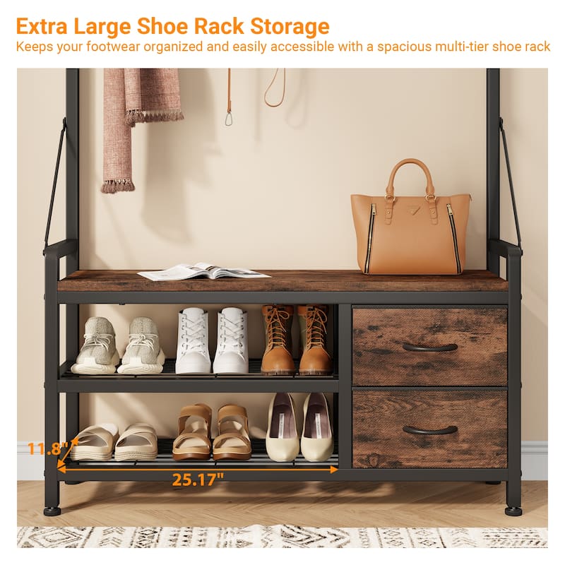 6-in-1 39.4"Hall Tree with Bench Entryway Shoe Rack w/24 Hooks & 2 Drawers