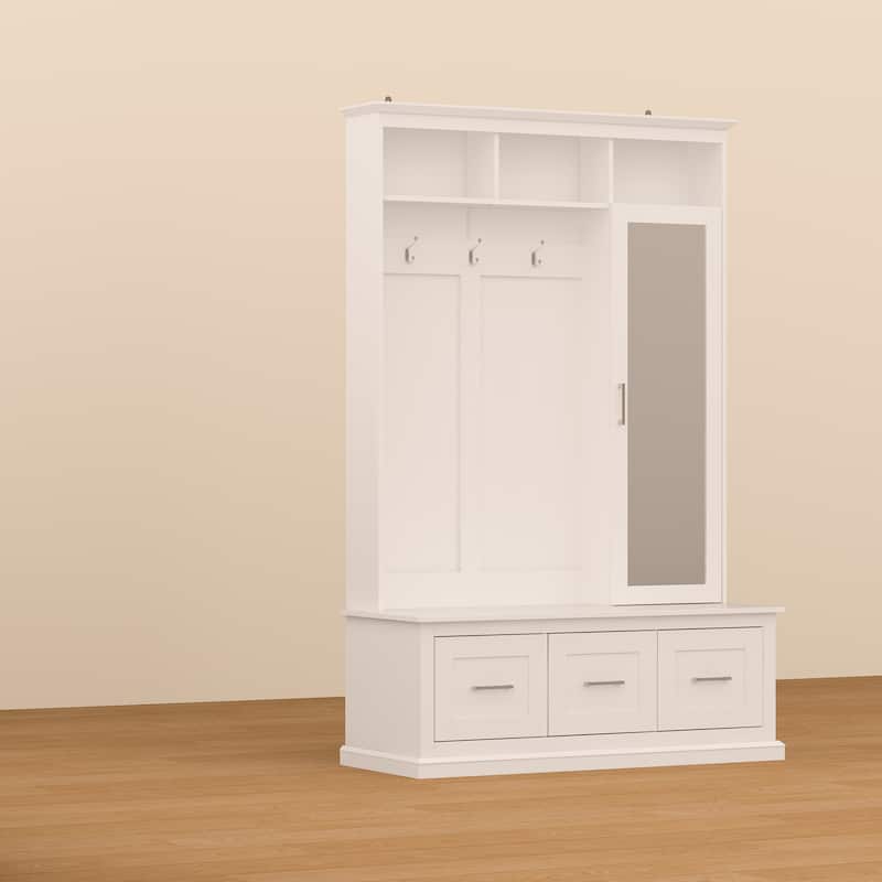 Modern White Hall Tree Entryway Storage Cabinet with Mirror and Drawers Entryway Bench - 47.2"X73.6"