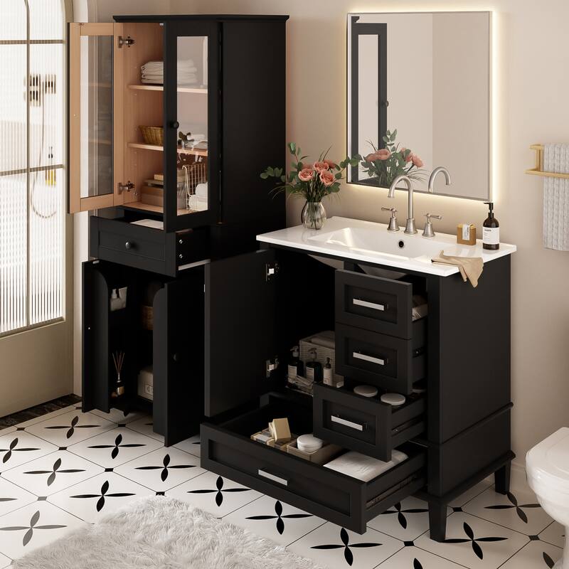 2-Piece Bathroom Storage Set, Tall Bathroom Storage Cabinet and 30" Bathroom Vanity with Ceramic Sink Combo