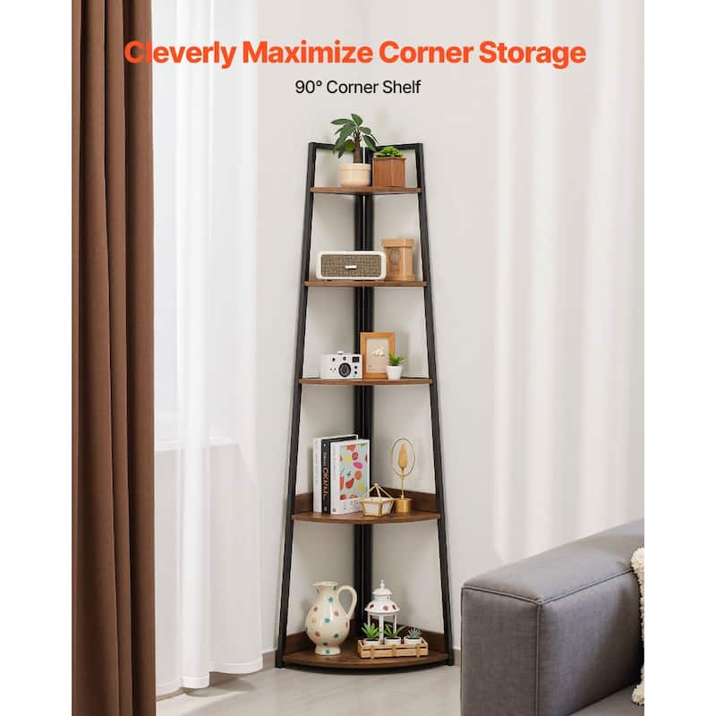 Black Metal Frame Brown Wood 5 Tier Corner Bookshelf with Space-Saving Design - 24 x 17 x 70 in
