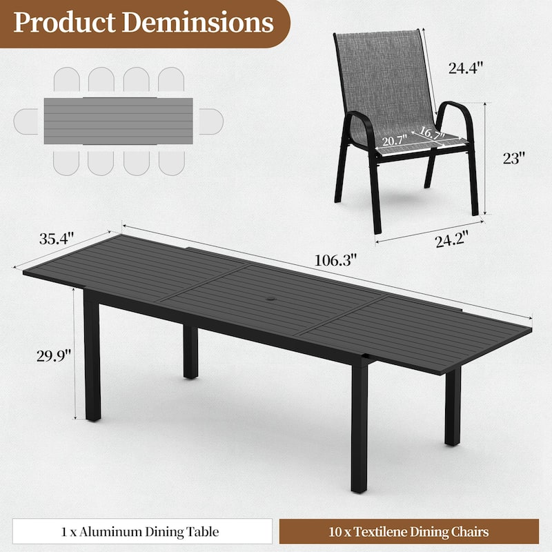 7/9/11-Piece Outdoor Dining Set with Aluminum Rectangular Extendable Patio Table and 6/8/10 Textilene Patio Chairs