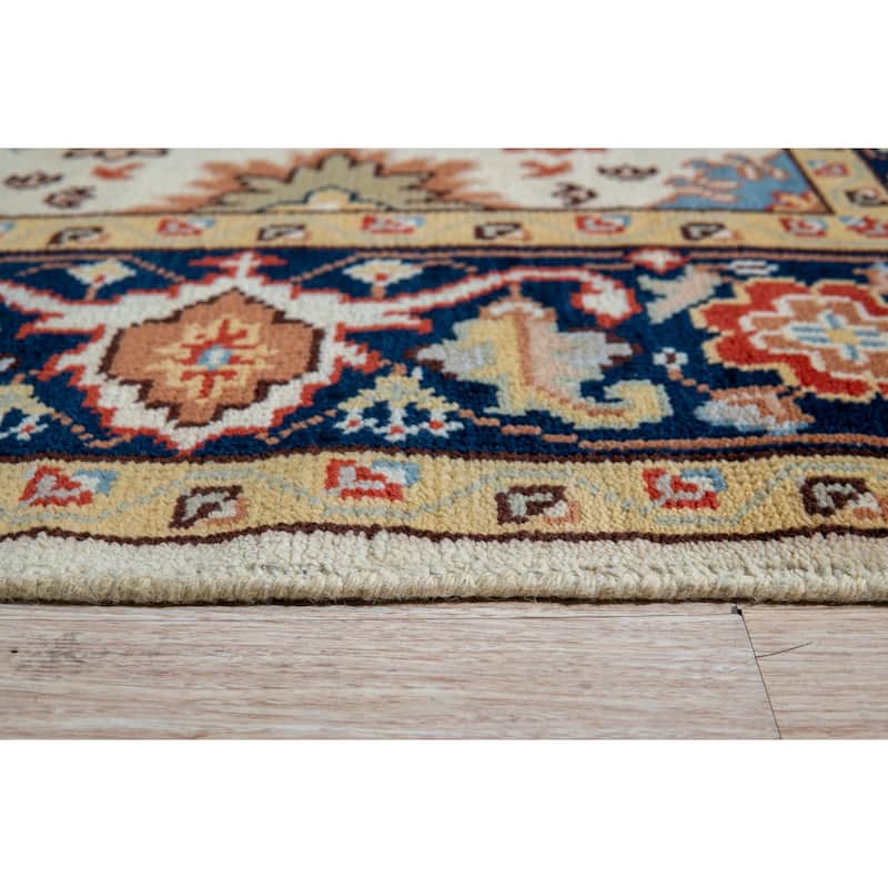 Hand-Knotted Wool Heriz Design Rug, 10' x 14', Blue Area Rug, Soft Handcrafted Texture for Bedrooms or Living Room - L