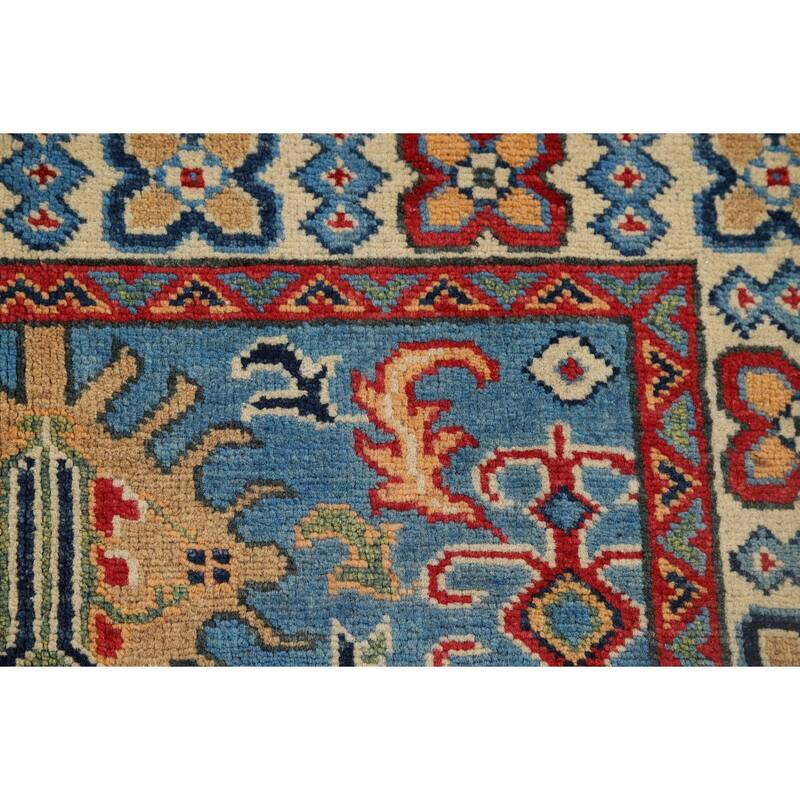 Blue Geometric Kazak Foyer Rug Hand-Knotted Wool Carpet - 2'10" x 3'11"