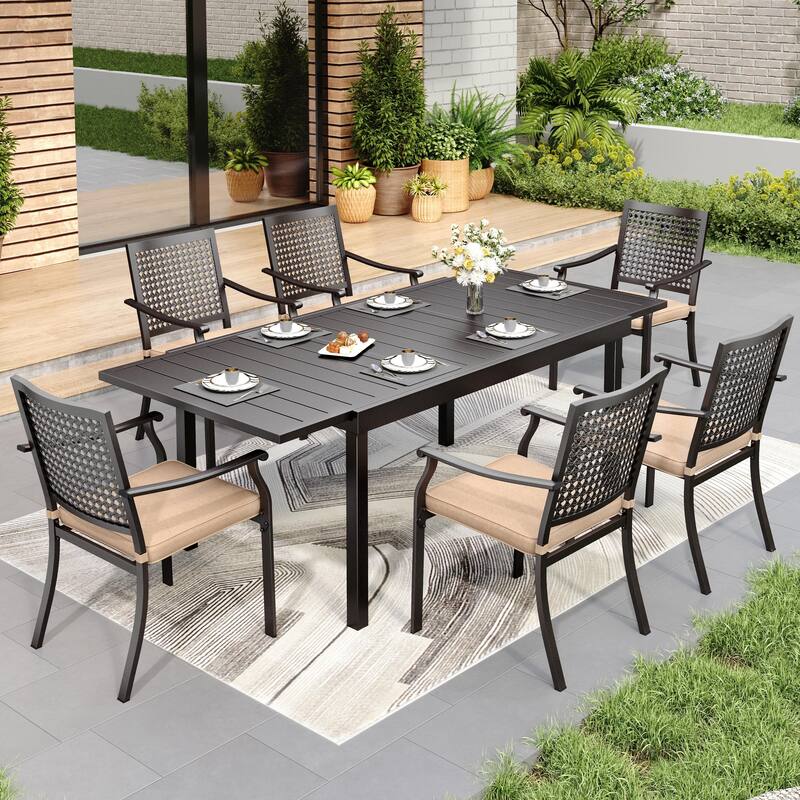 MAISON ARTS 7/9-Piece Patio Dining Set Metal E-coating of 6 Upgraded Back Pattern Chairs & 1 Expandable Metal Table - 7-Piece
