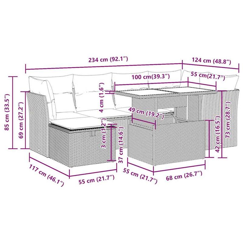 vidaXL Patio Sofa Set with Cushions and Table Outdoor Garden 7 Piece Poly Rattan